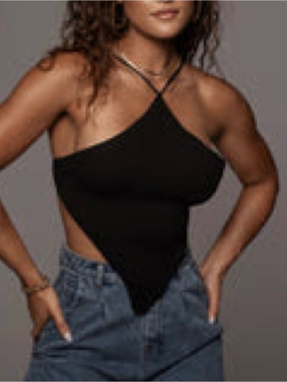 JLUXLABEL Black Halter Handkerchief Crop Top